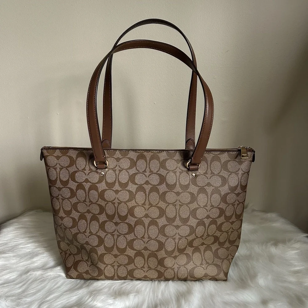 Coach Gallery Tote Khaki Saddle Signature Canvas Leather Shoulder Bag Excellent
